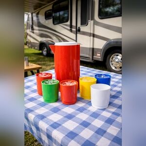 Vintage Ingrid Plastic juice/water jar Pitcher with Six Plastic Mugs